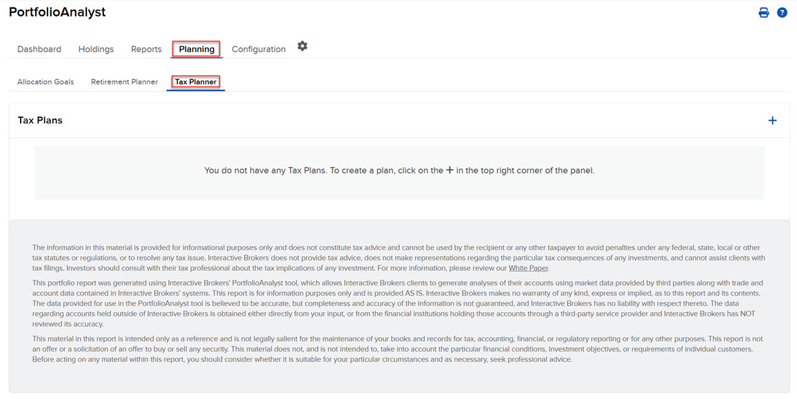 The tax Planner for advisors Screen in Portal